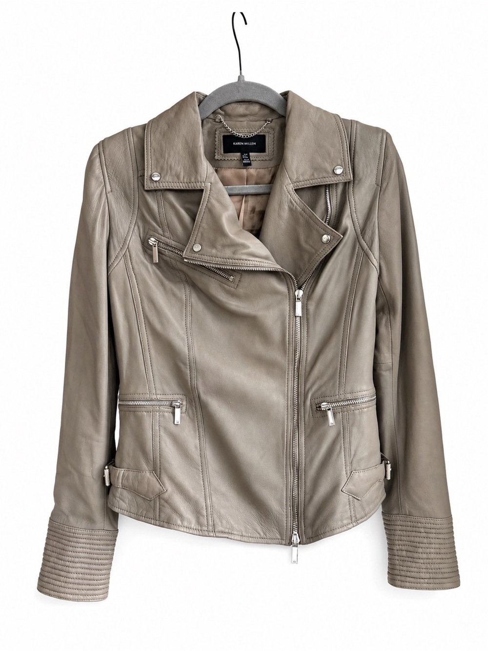 Karen Millen Genuine Leather Moto Jacket Grey Taupe Size 6